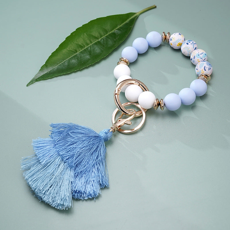 Wholesale Colorful Silicone Beads Three Layers Tassel Beaded Wrist Keychain